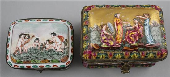 A 19th century Capo di Monte style gilt porcelain hinged box and another similar box, 13.5cm and 11.5cm